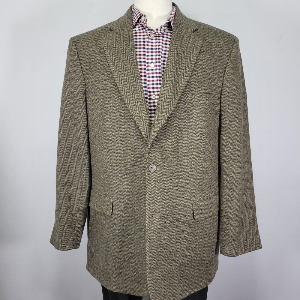 Towncraft Men's Tweed Sport Coat Blazer Two Button Brown Herringbone Wool 46L